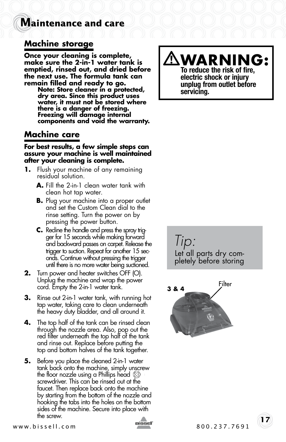 Warning, Aintenance and care | Bissell PROHEAT2X 20B4 User Manual | Page 17 / 72