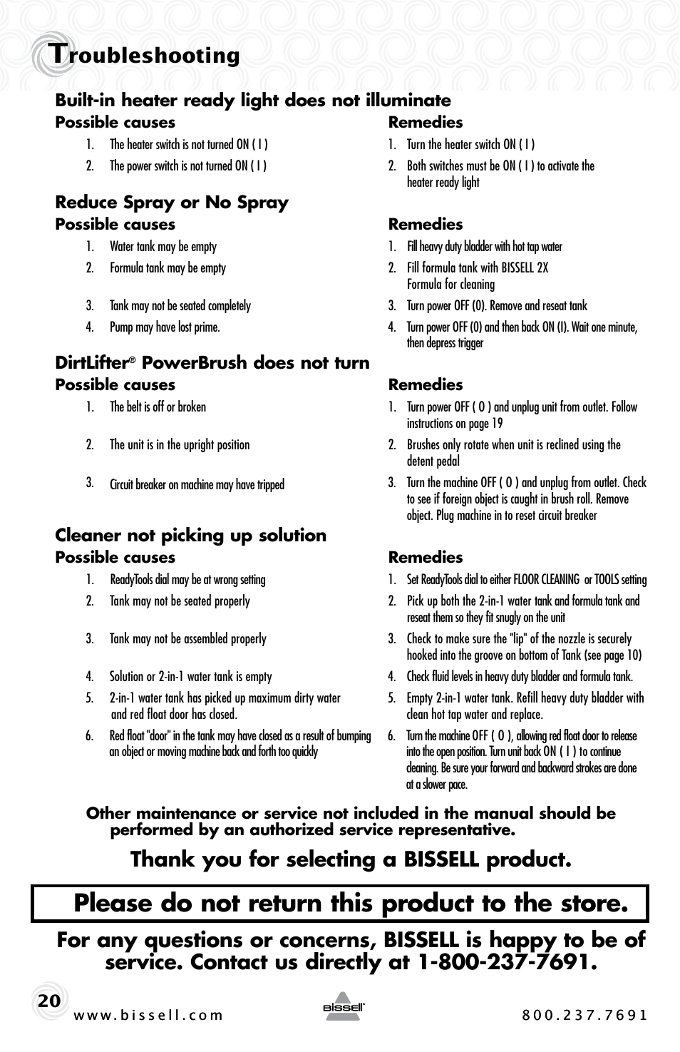 Please do not return this product to the store, Roubleshooting | Bissell PROHEAT2X 20B4 User Manual | Page 20 / 72