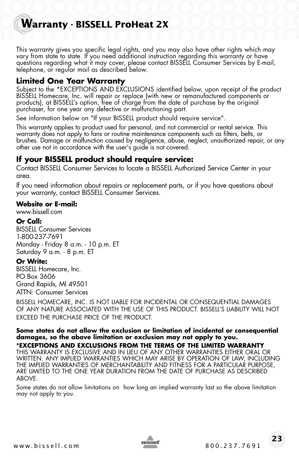 Arranty - bissell proheat 2x | Bissell PROHEAT2X 20B4 User Manual | Page 23 / 72