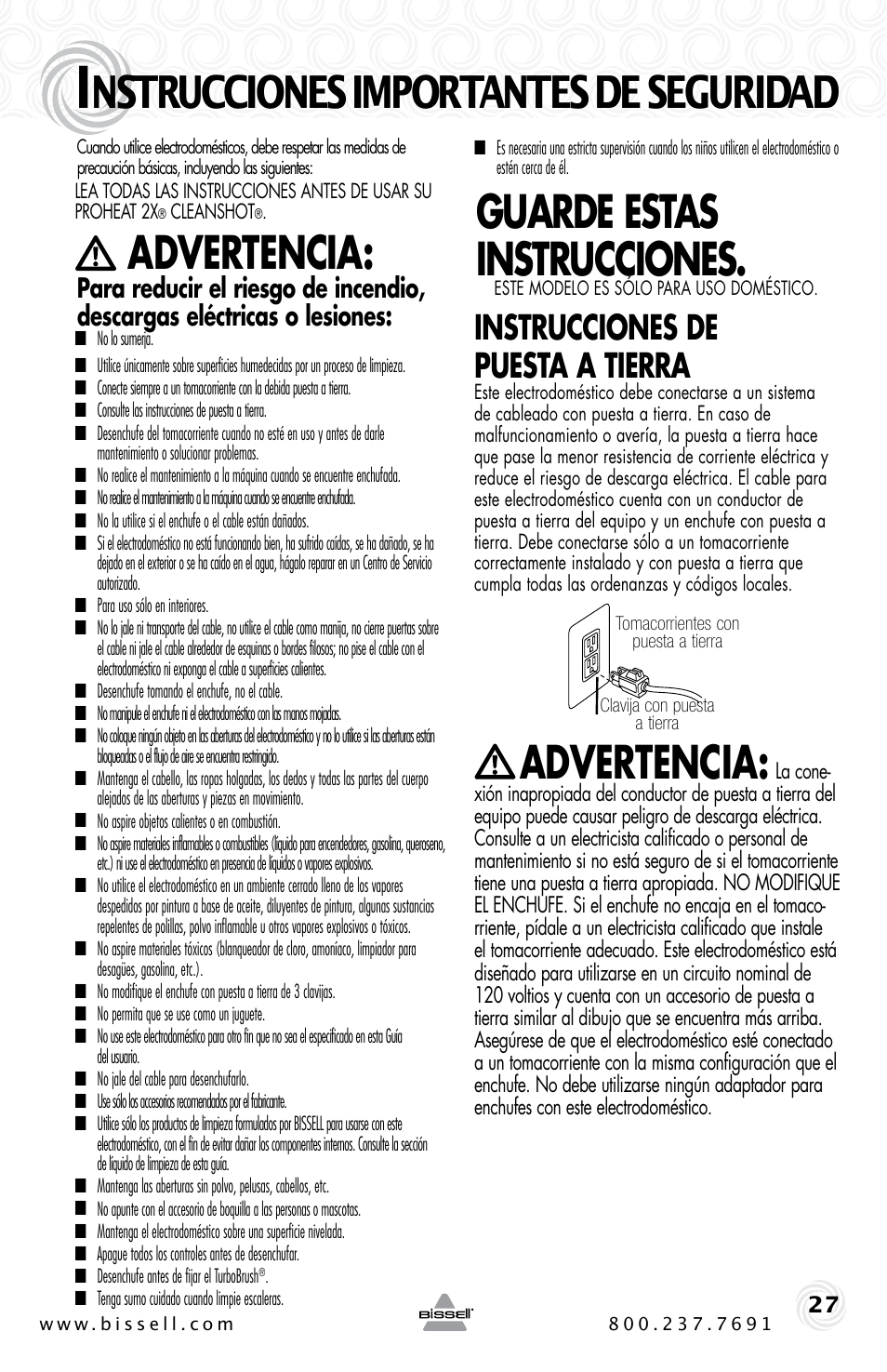 Nstrucciones importantes de seguridad, Advertencia, Guarde estas instrucciones | Instrucciones de puesta a tierra | Bissell PROHEAT2X 20B4 User Manual | Page 27 / 72