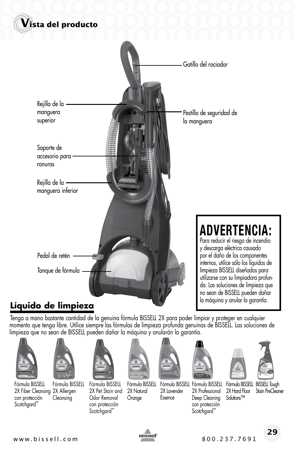 Advertencia, Líquido de limpieza, Ista del producto 29 | Bissell PROHEAT2X 20B4 User Manual | Page 29 / 72