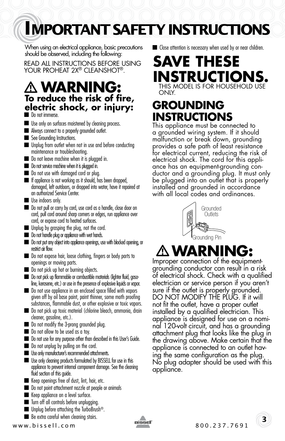 Mportant safety instructions, Warning, Save these instructions | Grounding instructions | Bissell PROHEAT2X 20B4 User Manual | Page 3 / 72