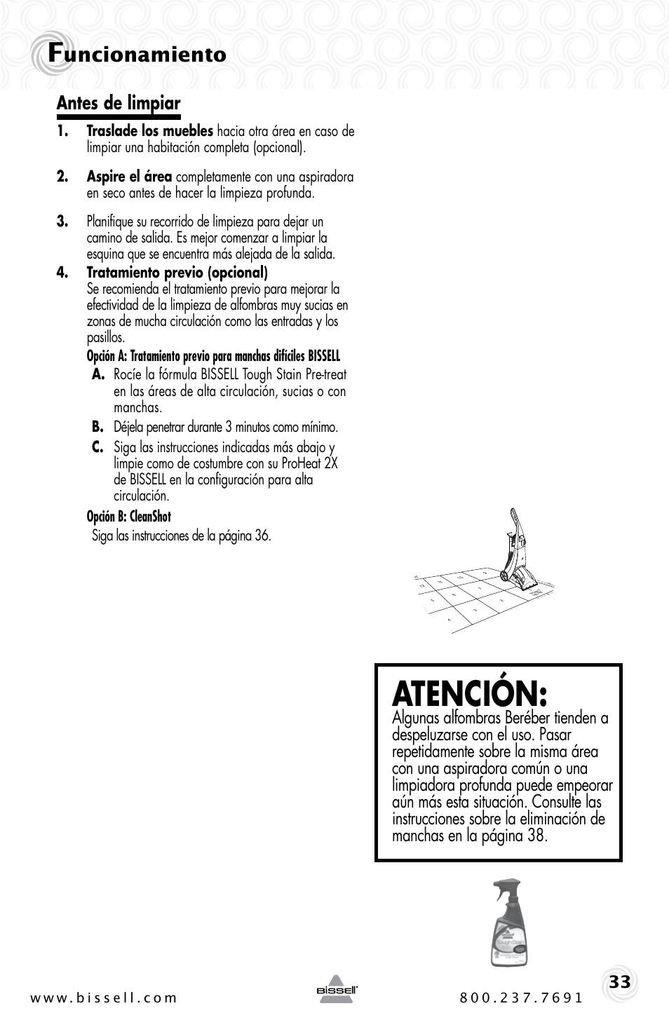 Atención, Uncionamiento, Antes de limpiar | Bissell PROHEAT2X 20B4 User Manual | Page 33 / 72