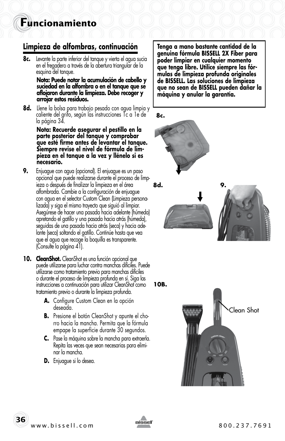 Uncionamiento, Limpieza de alfombras, continuación | Bissell PROHEAT2X 20B4 User Manual | Page 36 / 72