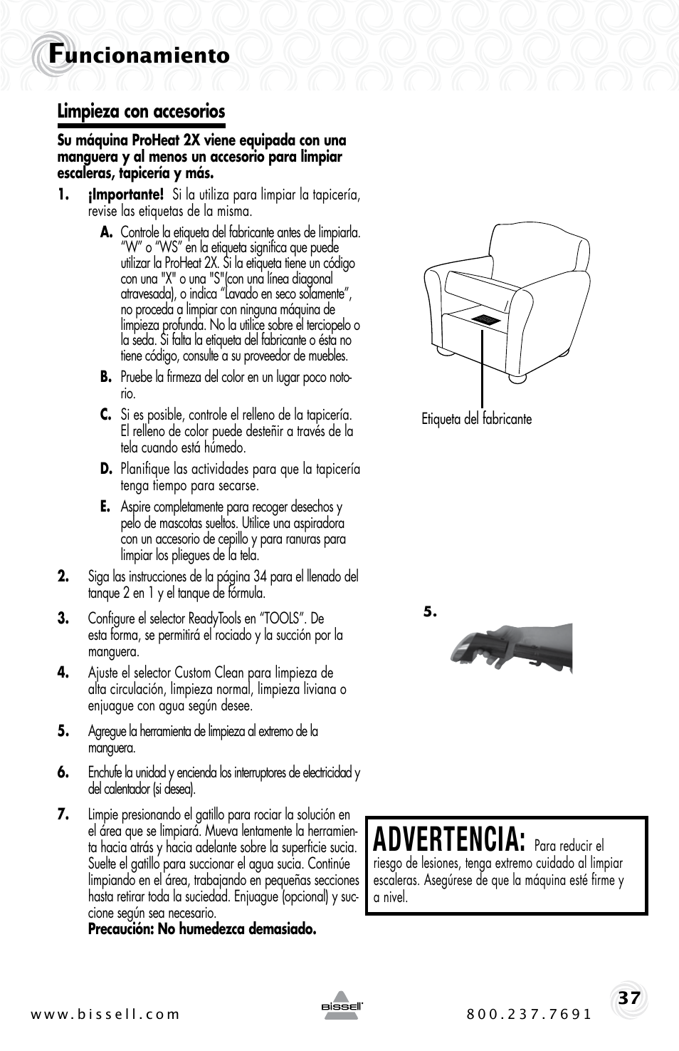 Advertencia, Uncionamiento, Limpieza con accesorios | Bissell PROHEAT2X 20B4 User Manual | Page 37 / 72