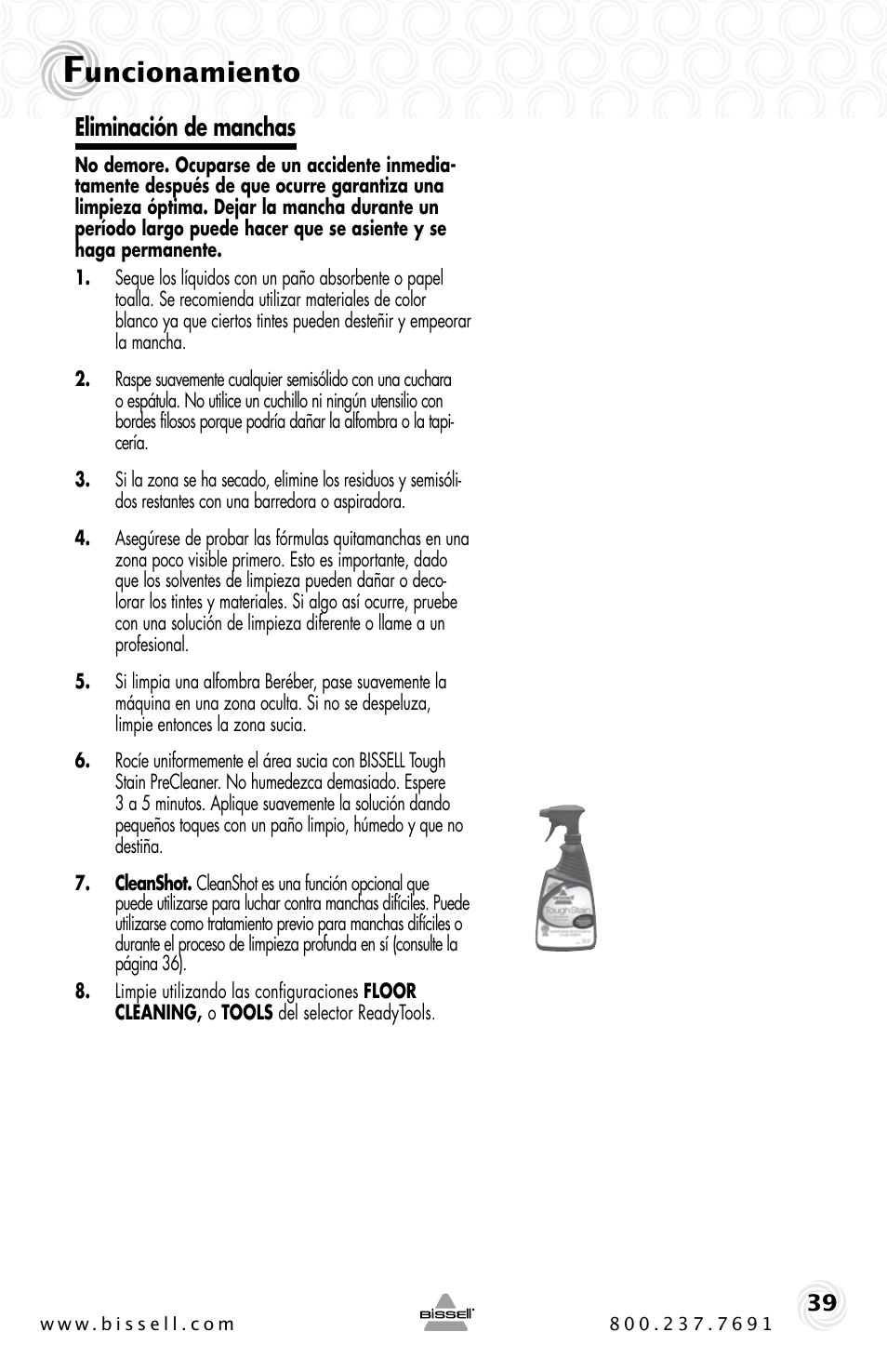 Uncionamiento, Eliminación de manchas | Bissell PROHEAT2X 20B4 User Manual | Page 39 / 72