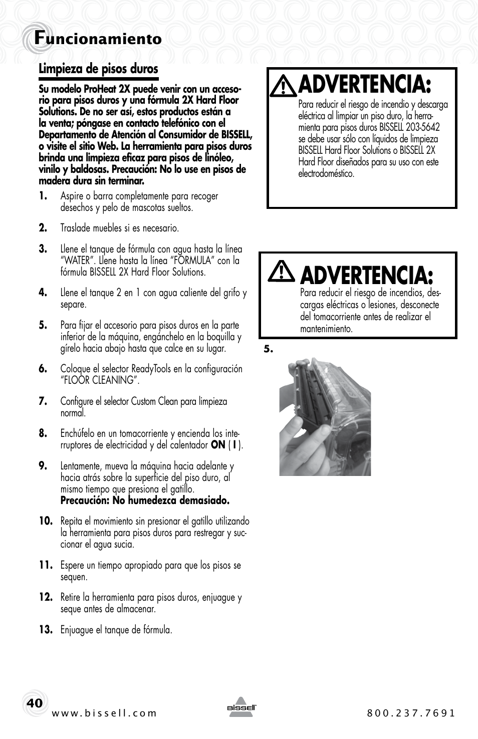 Advertencia, Uncionamiento, Limpieza de pisos duros | Bissell PROHEAT2X 20B4 User Manual | Page 40 / 72