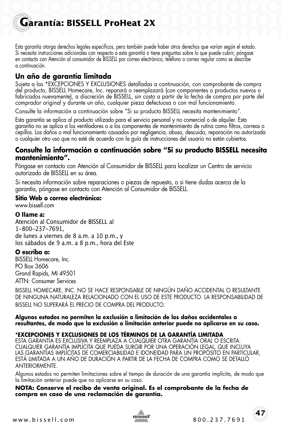 Arantía: bissell proheat 2x | Bissell PROHEAT2X 20B4 User Manual | Page 47 / 72