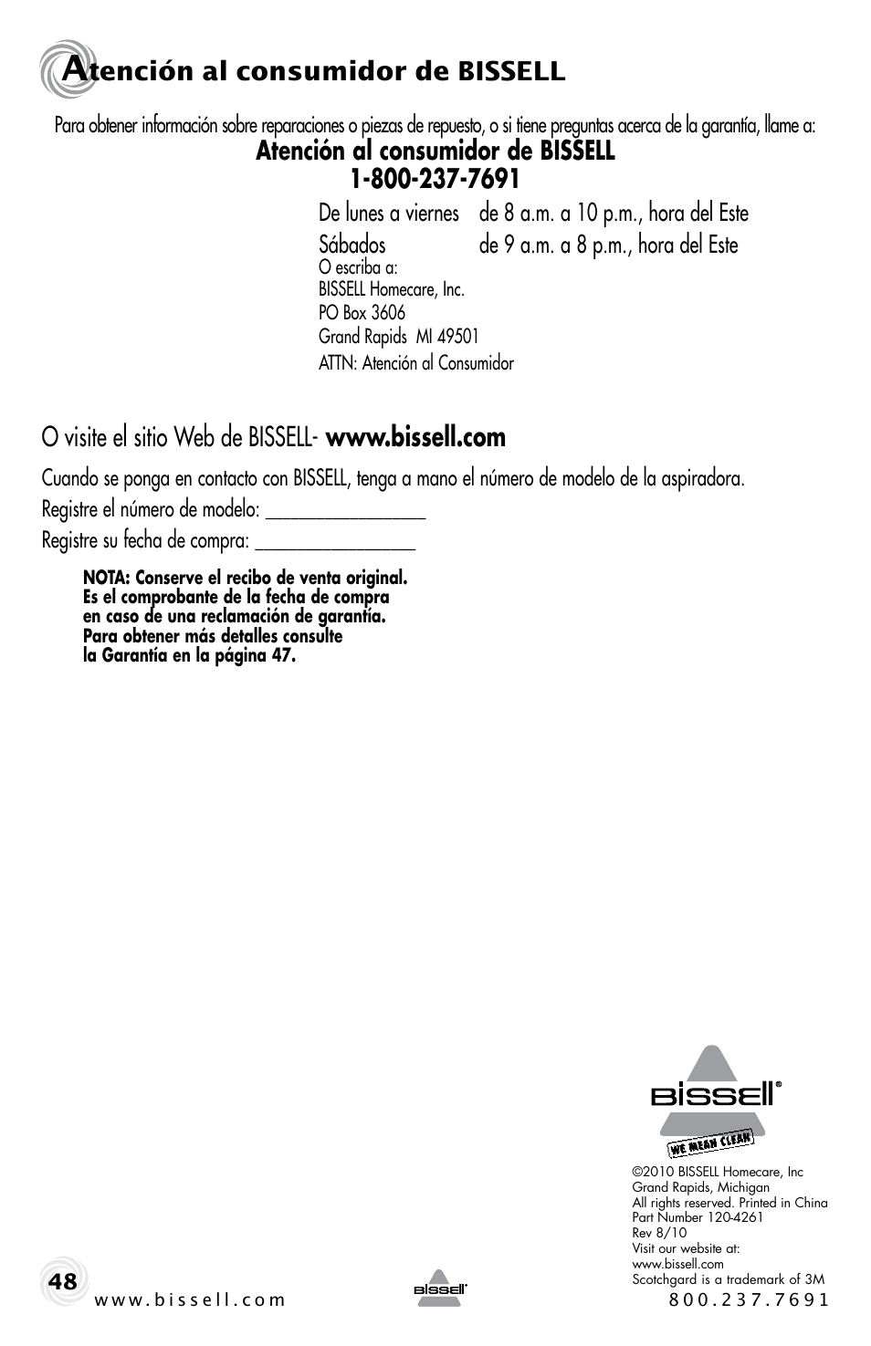 Tención al consumidor de bissell | Bissell PROHEAT2X 20B4 User Manual | Page 48 / 72