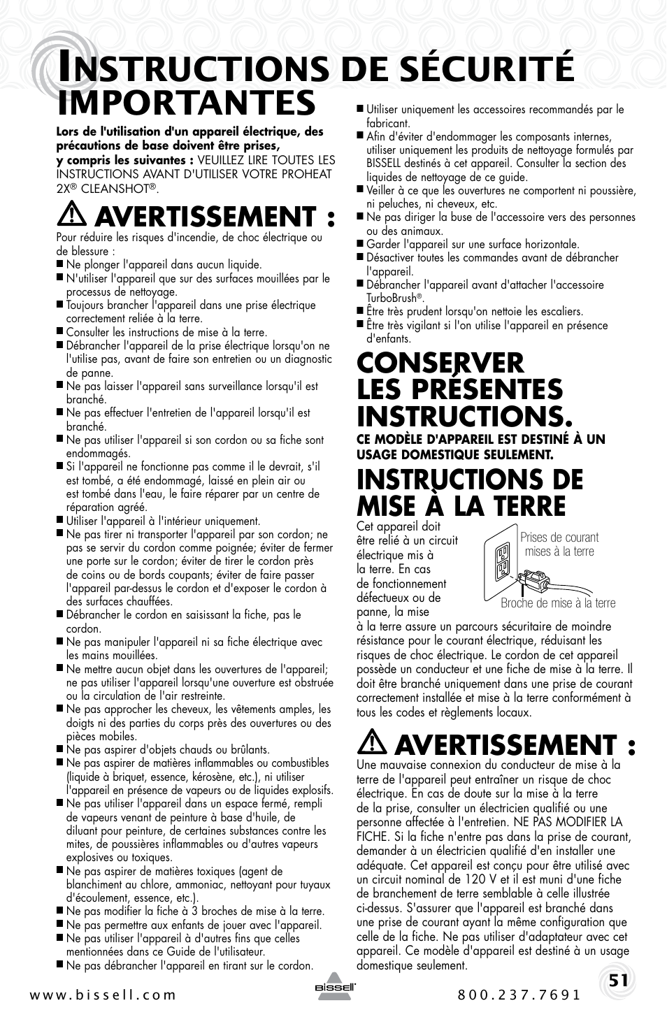 Nstructions de sécurité importantes, Avertissement, Conserver les présentes instructions | Instructions de mise à la terre | Bissell PROHEAT2X 20B4 User Manual | Page 51 / 72