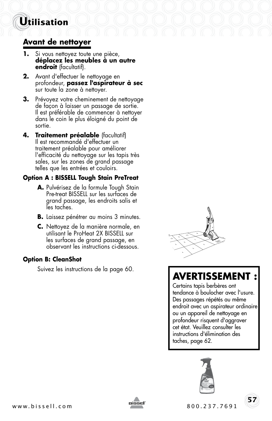 Avertissement, Tilisation, Avant de nettoyer | Bissell PROHEAT2X 20B4 User Manual | Page 57 / 72