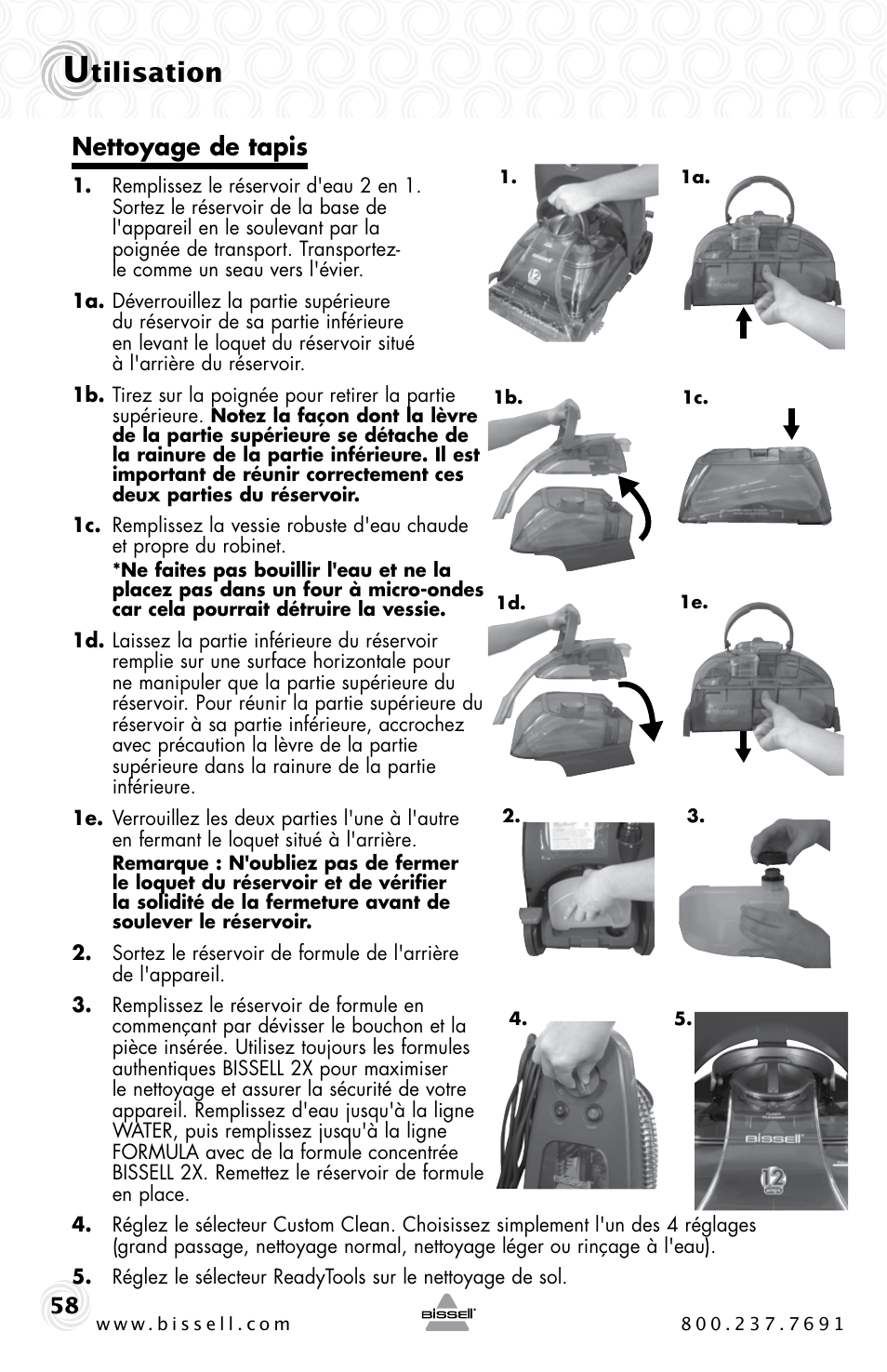 Tilisation, Nettoyage de tapis | Bissell PROHEAT2X 20B4 User Manual | Page 58 / 72