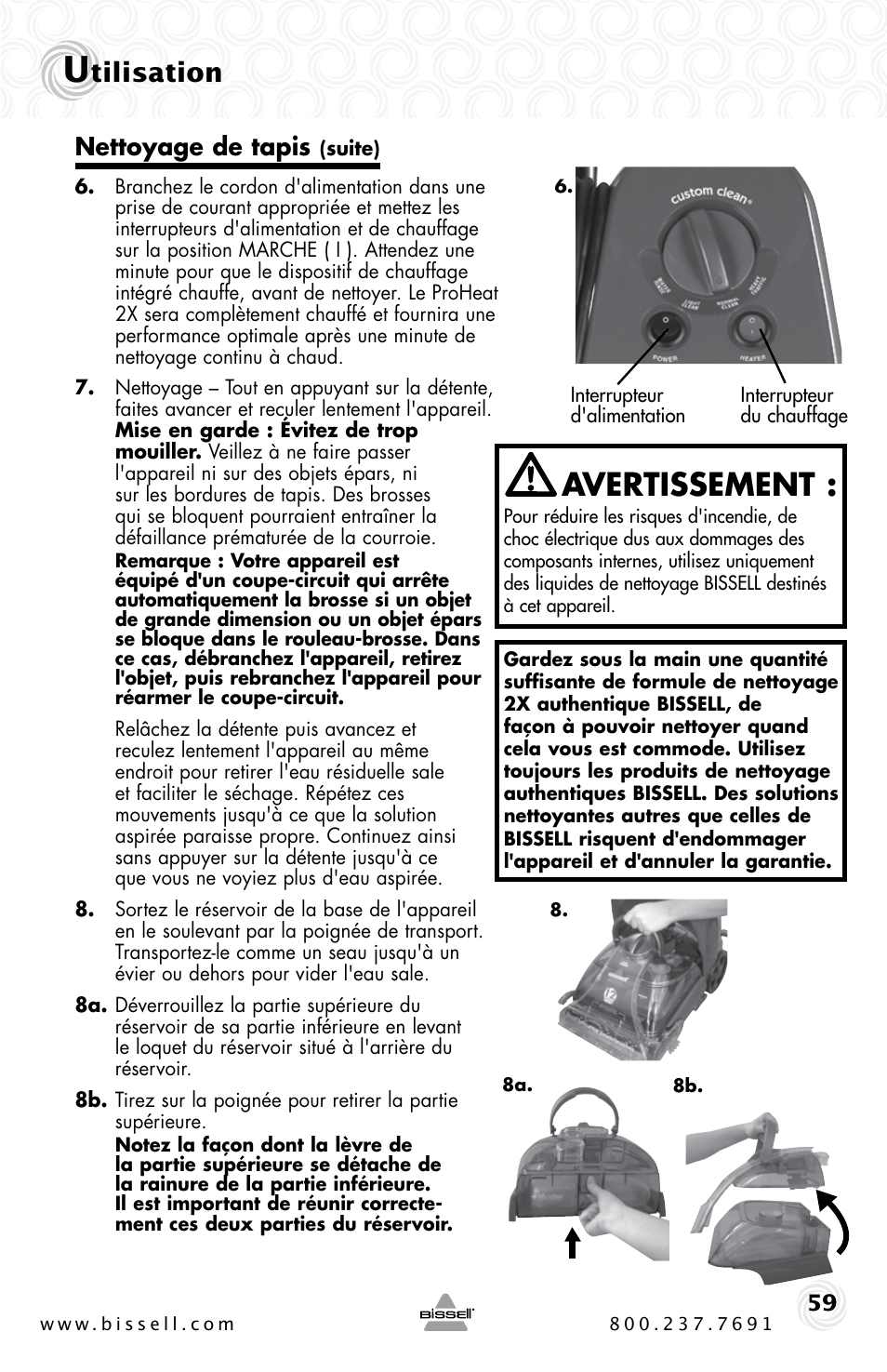 Avertissement, Tilisation, Nettoyage de tapis | Bissell PROHEAT2X 20B4 User Manual | Page 59 / 72