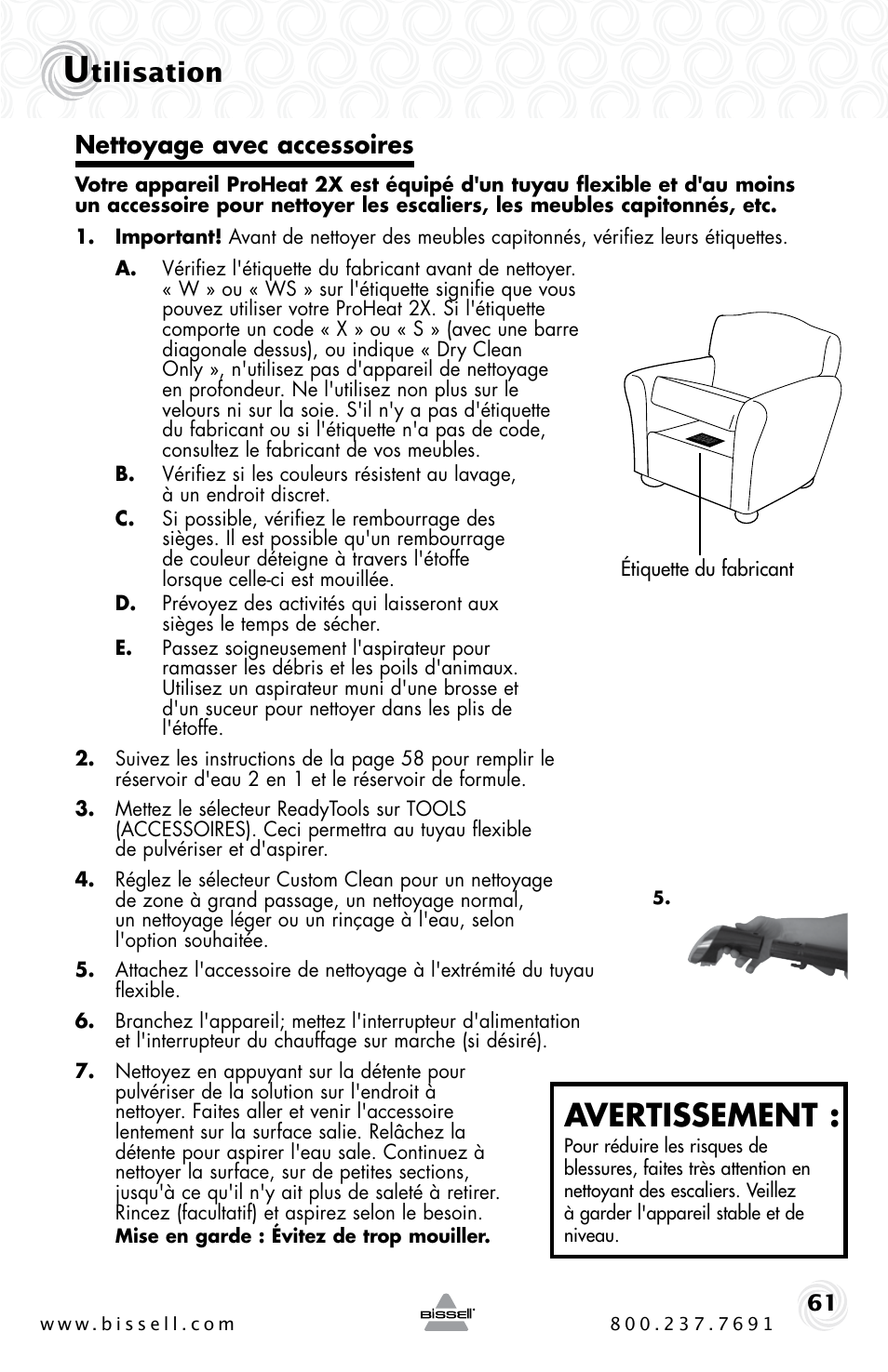 Avertissement, Tilisation, Nettoyage avec accessoires | Bissell PROHEAT2X 20B4 User Manual | Page 61 / 72