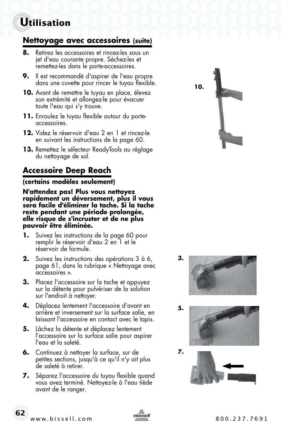 Tilisation, Nettoyage avec accessoires, Accessoire deep reach | Bissell PROHEAT2X 20B4 User Manual | Page 62 / 72