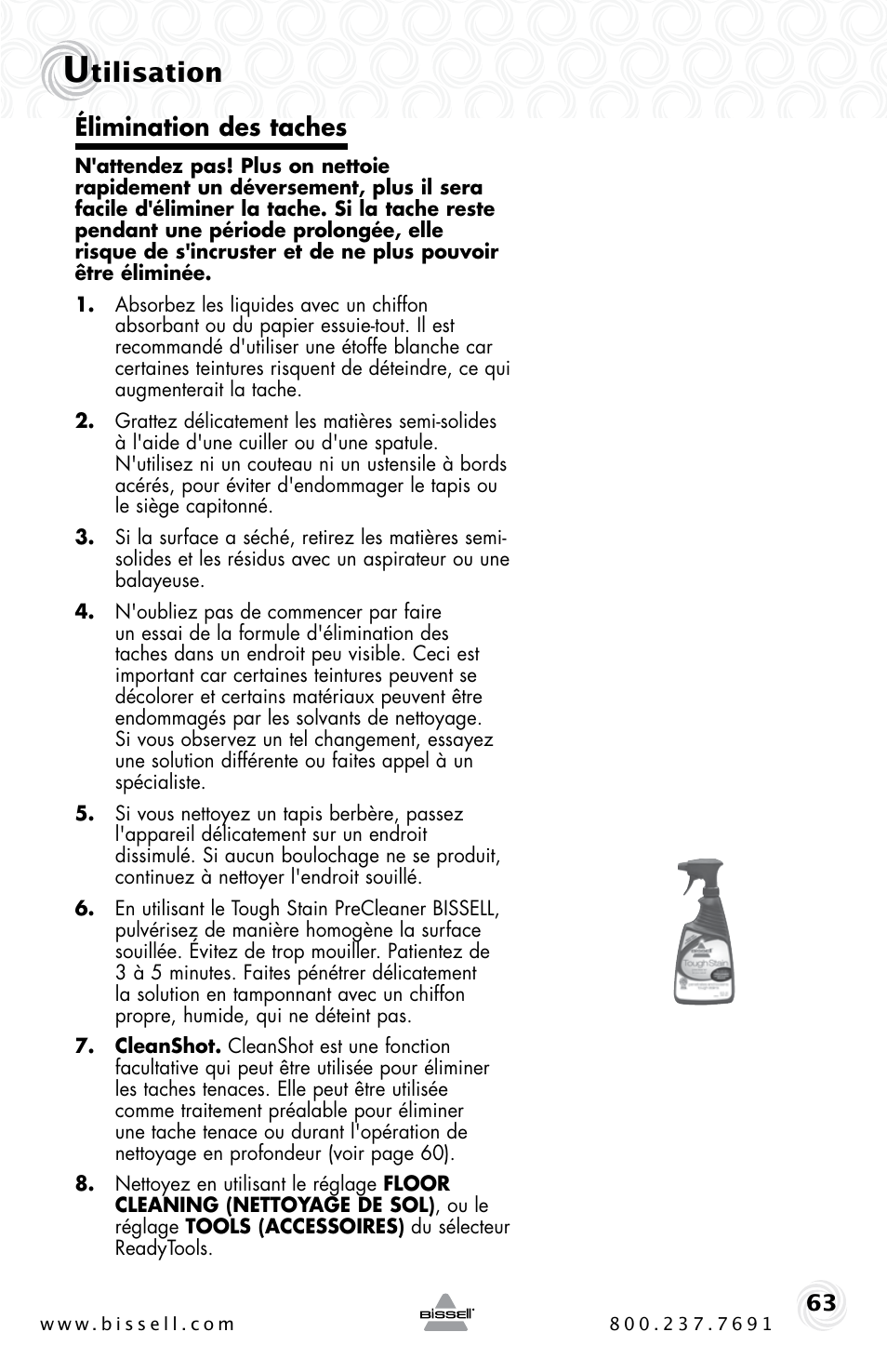 Tilisation, Élimination des taches | Bissell PROHEAT2X 20B4 User Manual | Page 63 / 72