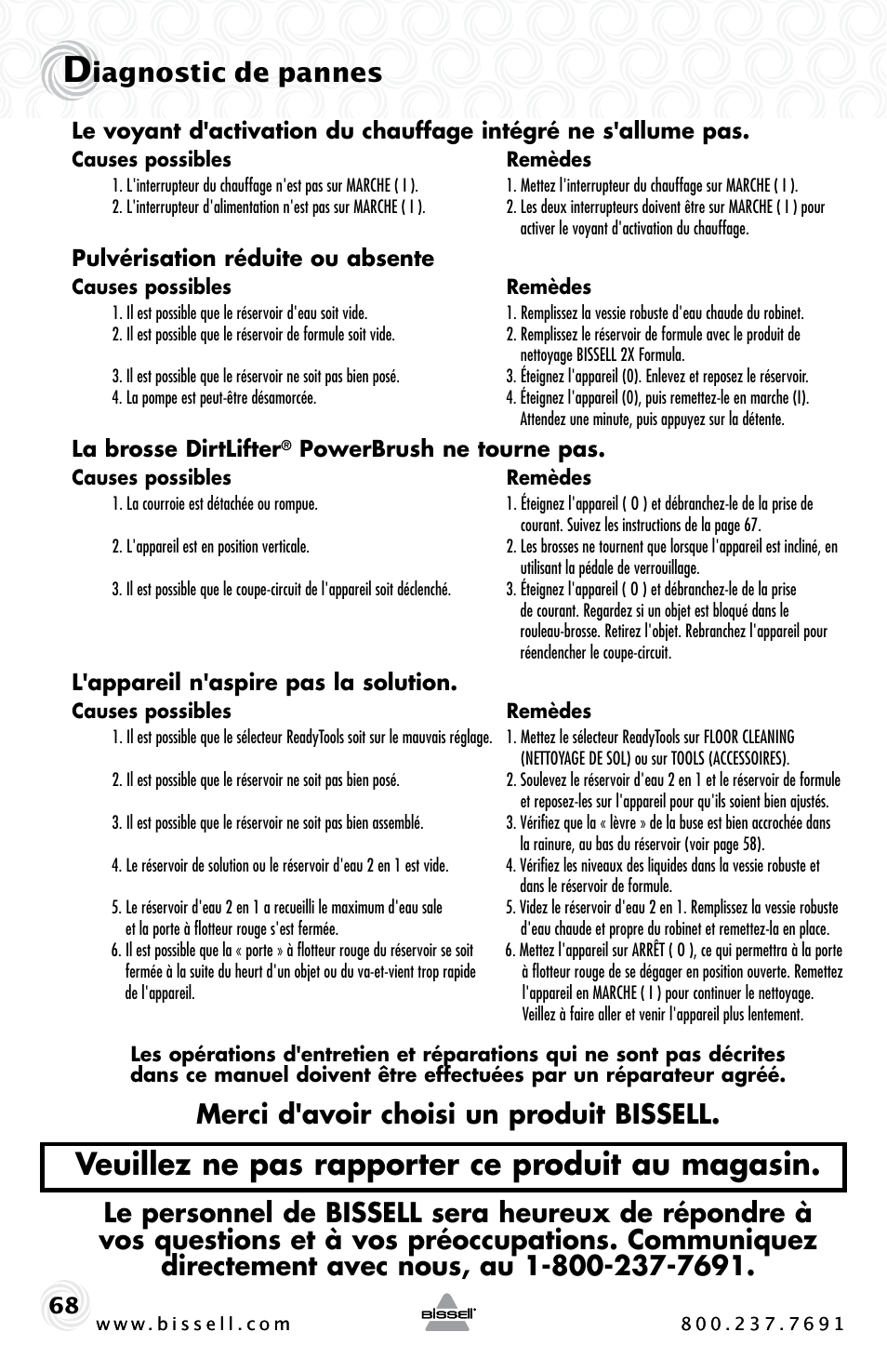 Veuillez ne pas rapporter ce produit au magasin, Iagnostic de pannes, Merci d'avoir choisi un produit bissell | Bissell PROHEAT2X 20B4 User Manual | Page 68 / 72