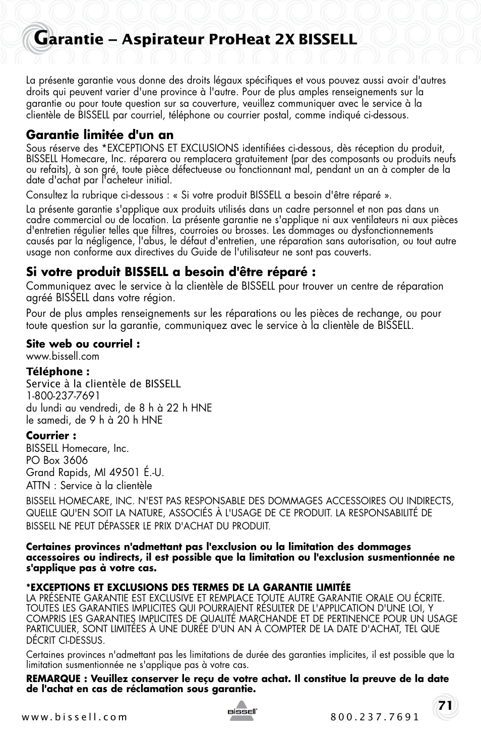 Arantie – aspirateur proheat 2x, Bissell | Bissell PROHEAT2X 20B4 User Manual | Page 71 / 72