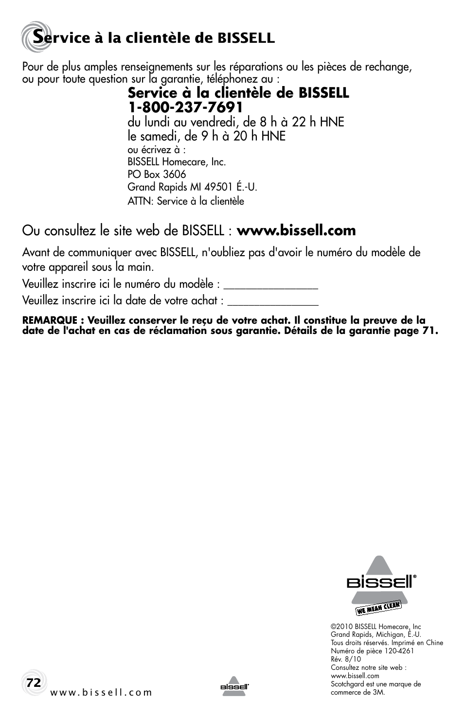 Ervice à la clientèle de bissell | Bissell PROHEAT2X 20B4 User Manual | Page 72 / 72