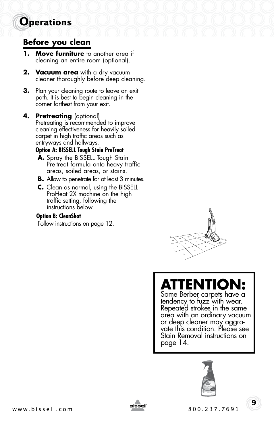 Attention, Perations, Before you clean | Bissell PROHEAT2X 20B4 User Manual | Page 9 / 72