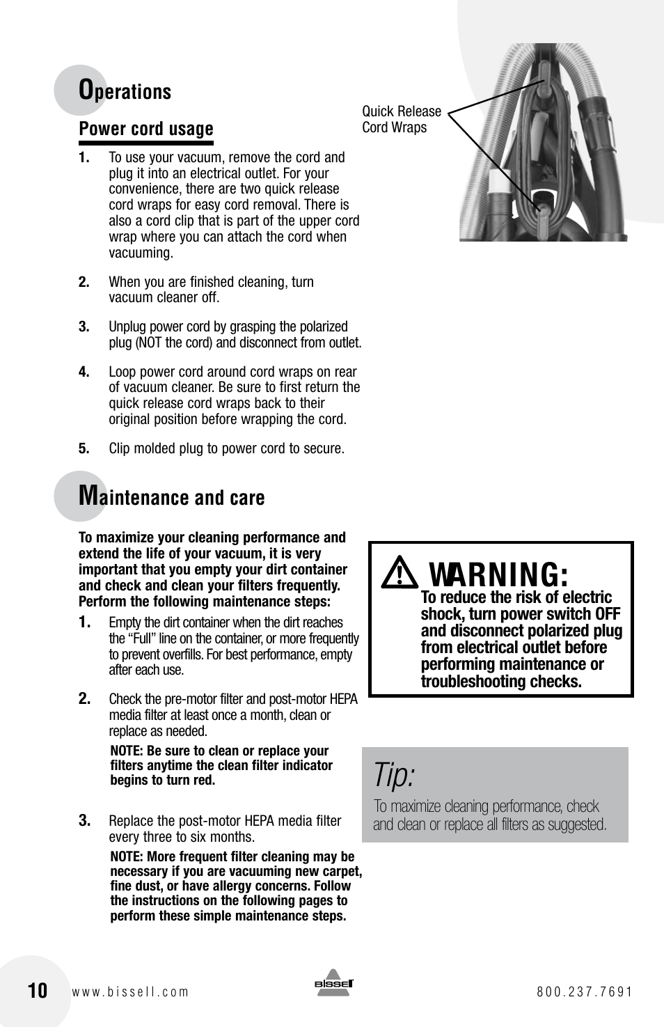 Warning, Perations, Aintenance and care | Bissell 3920 EN User Manual | Page 10 / 20