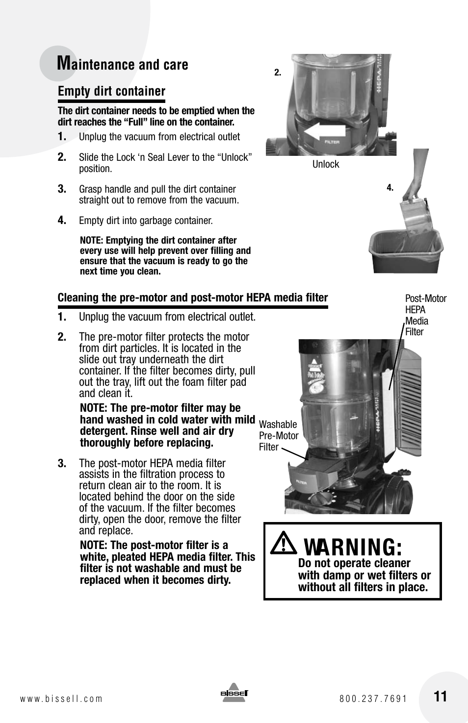 Warning, Aintenance and care | Bissell 3920 EN User Manual | Page 11 / 20