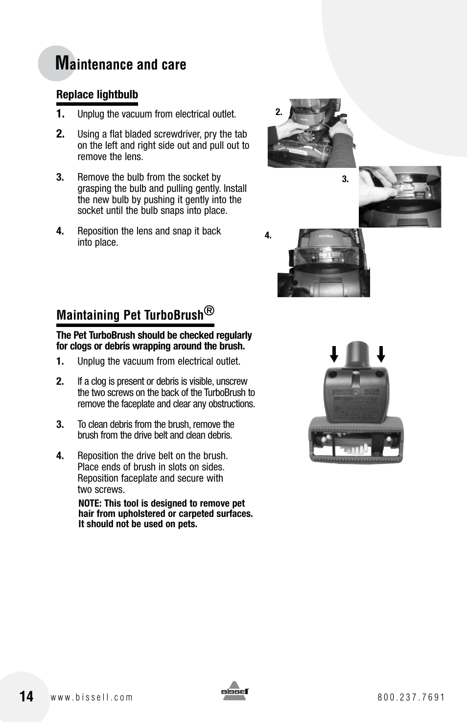 Aintenance and care, Maintaining pet turbobrush | Bissell 3920 EN User Manual | Page 14 / 20