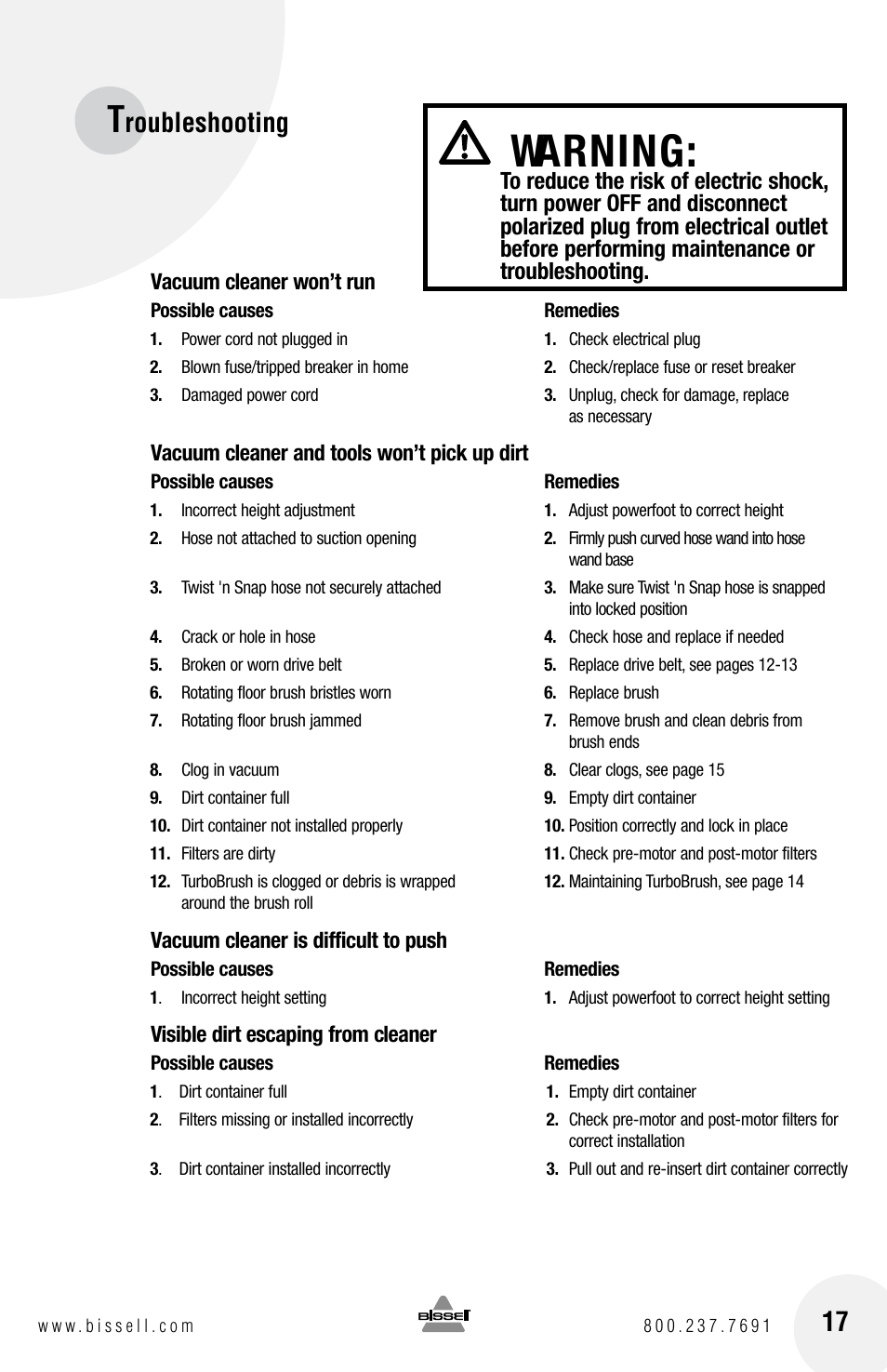 Warning, Roubleshooting | Bissell 3920 EN User Manual | Page 17 / 20