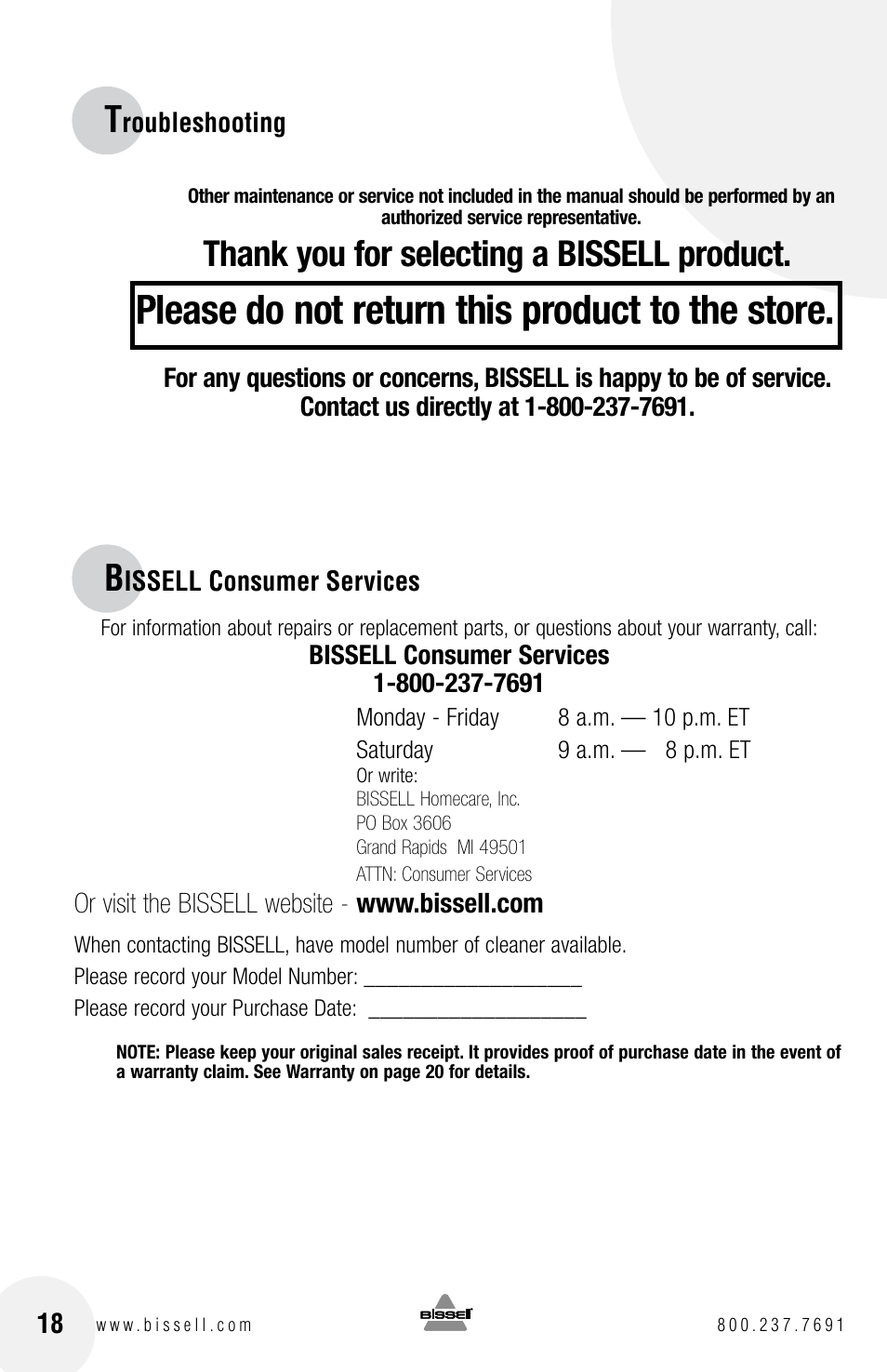 Please do not return this product to the store | Bissell 3920 EN User Manual | Page 18 / 20