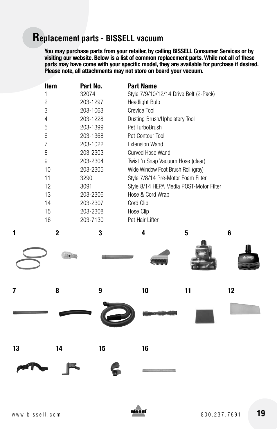 Eplacement parts - bissell vacuum | Bissell 3920 EN User Manual | Page 19 / 20