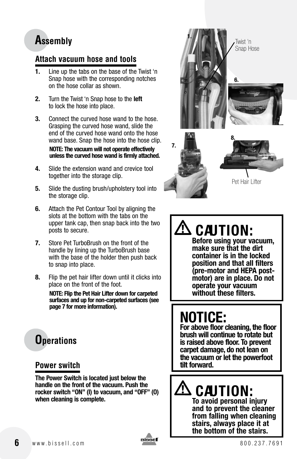 Notice, Caution, Ssembly 6 | Perations | Bissell 3920 EN User Manual | Page 6 / 20