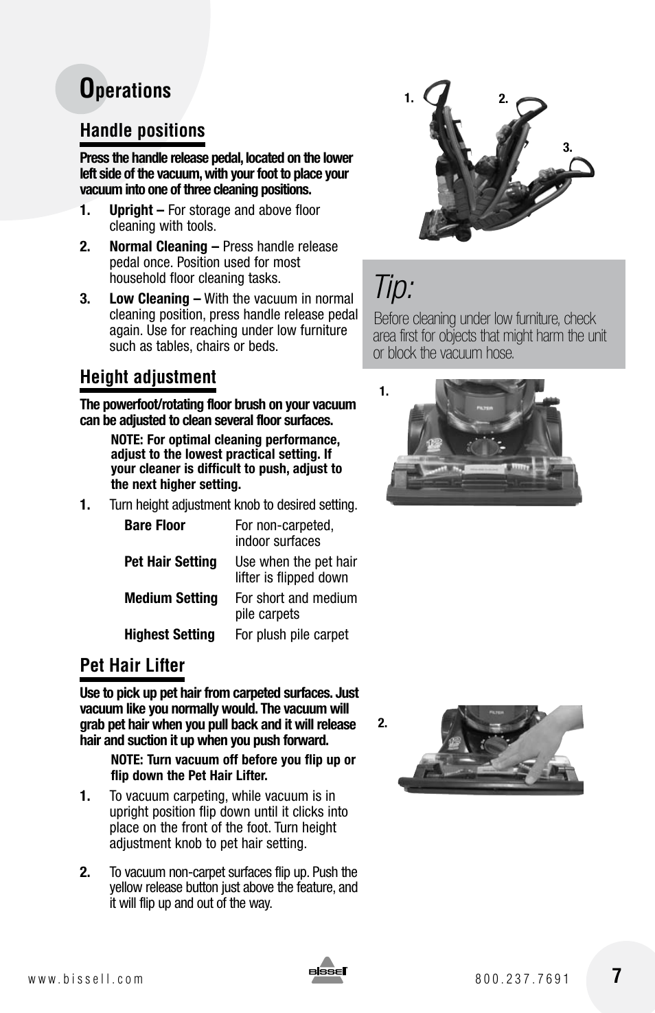 Perations 7, Handle positions, Height adjustment | Pet hair lifter | Bissell 3920 EN User Manual | Page 7 / 20