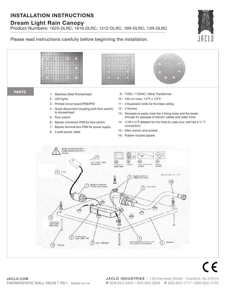 Jaclo 16" Quadrato dream light rain canopy - 1616-DLRC User Manual | 4 pages