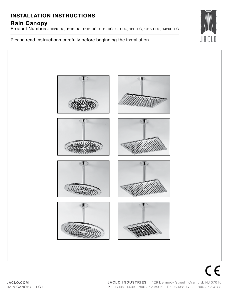 Jaclo 16" x 20 Rettango spa rain canopy - 1620-RC" User Manual | 4 pages