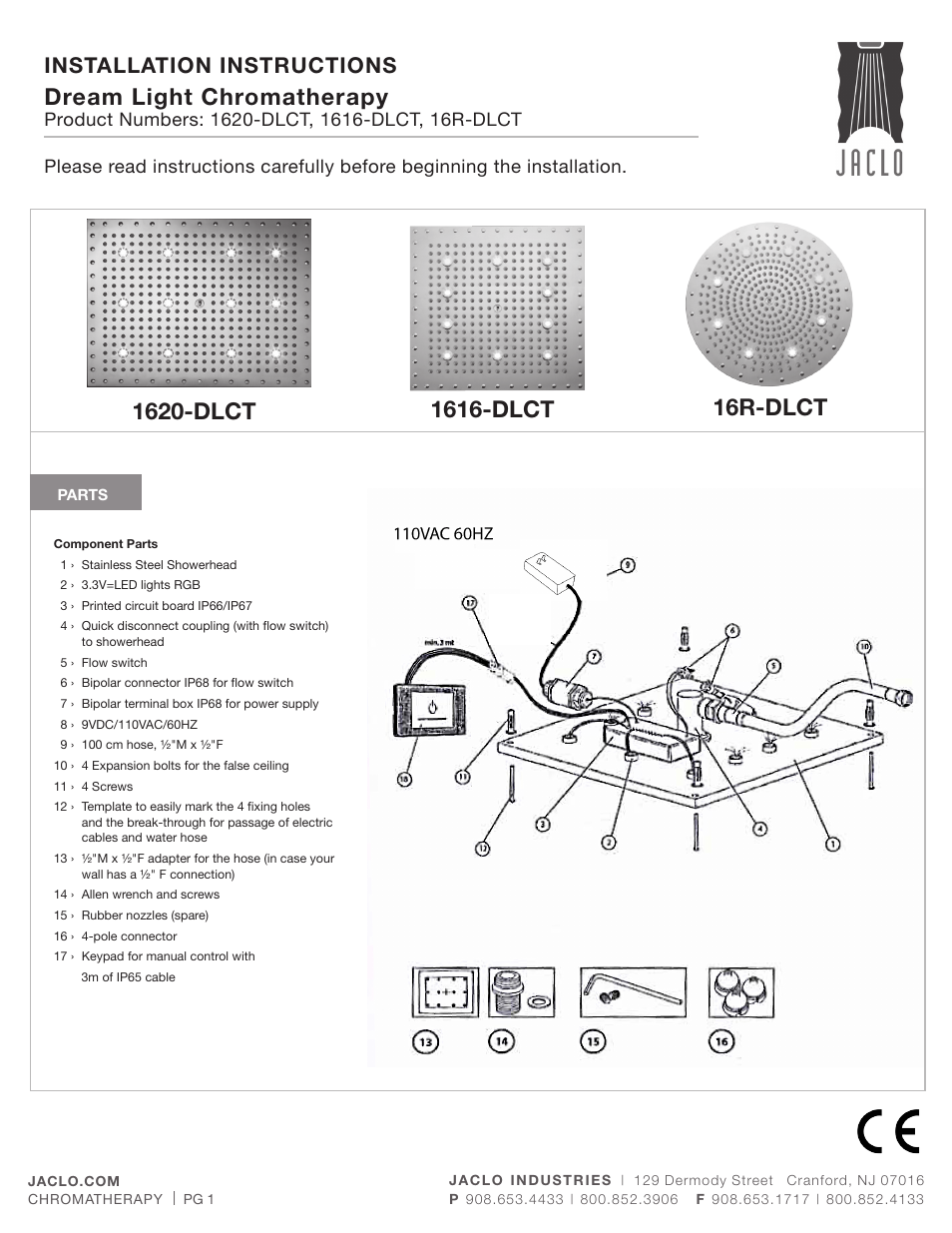 Jaclo 16" x 20 Rettango chromatherapy dream light rain canopy - 1620-DLCT" User Manual | 5 pages