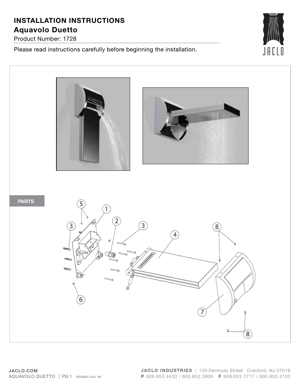 Jaclo Aquavolo Duetto - 1728- User Manual | 8 pages