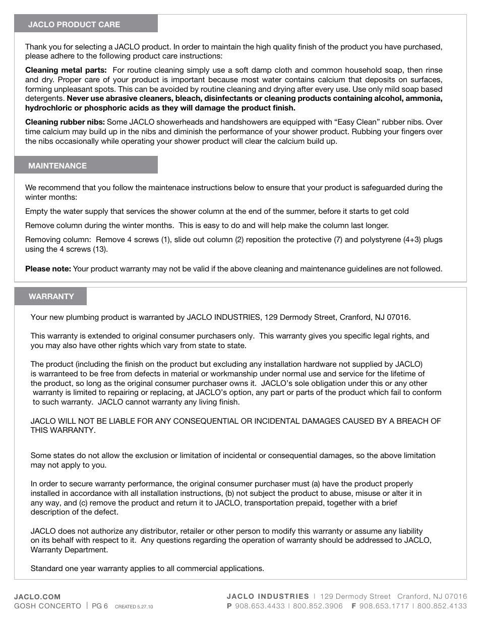 Jaclo Arc Column - 1900- User Manual | Page 6 / 6