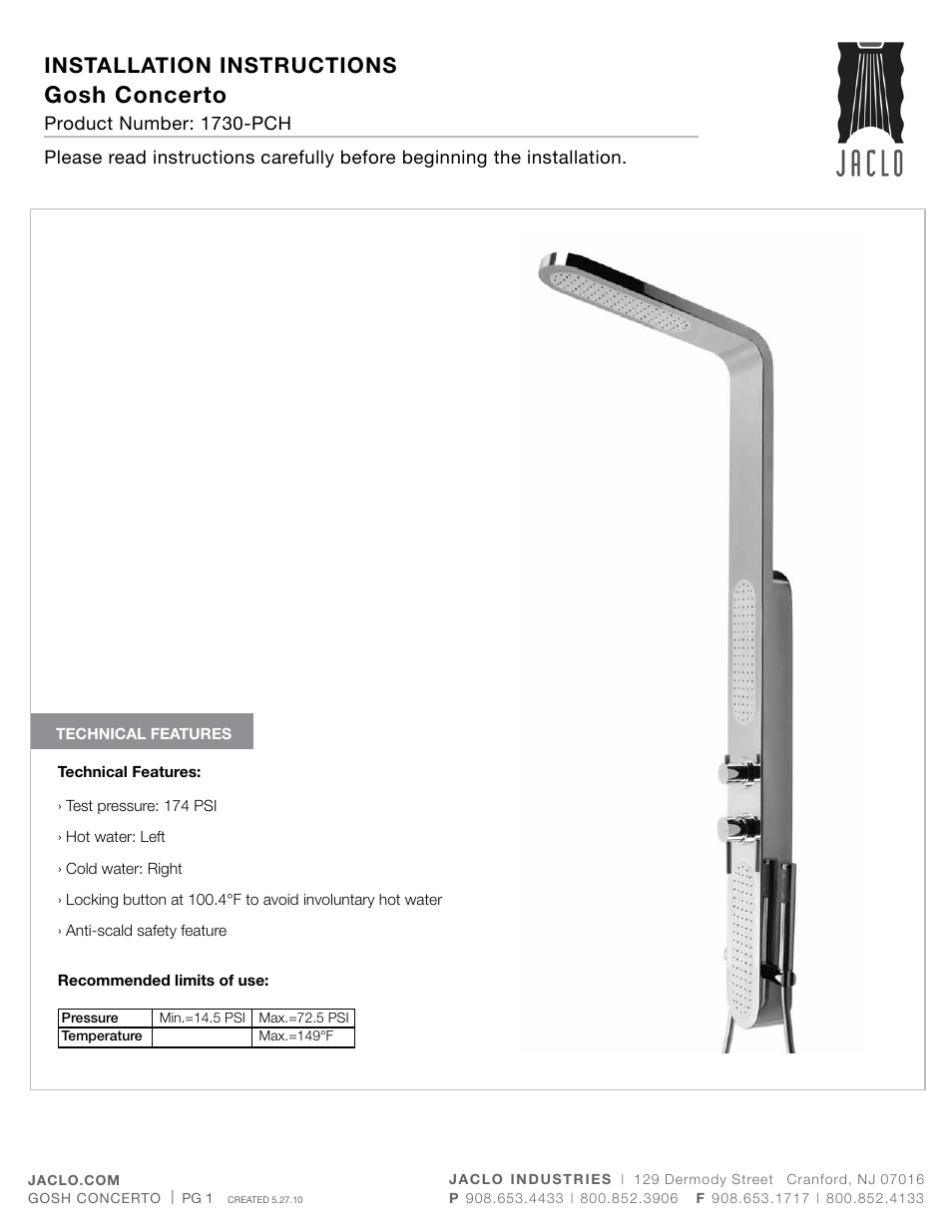 Jaclo Gosh Concerto - 1730 User Manual | 8 pages