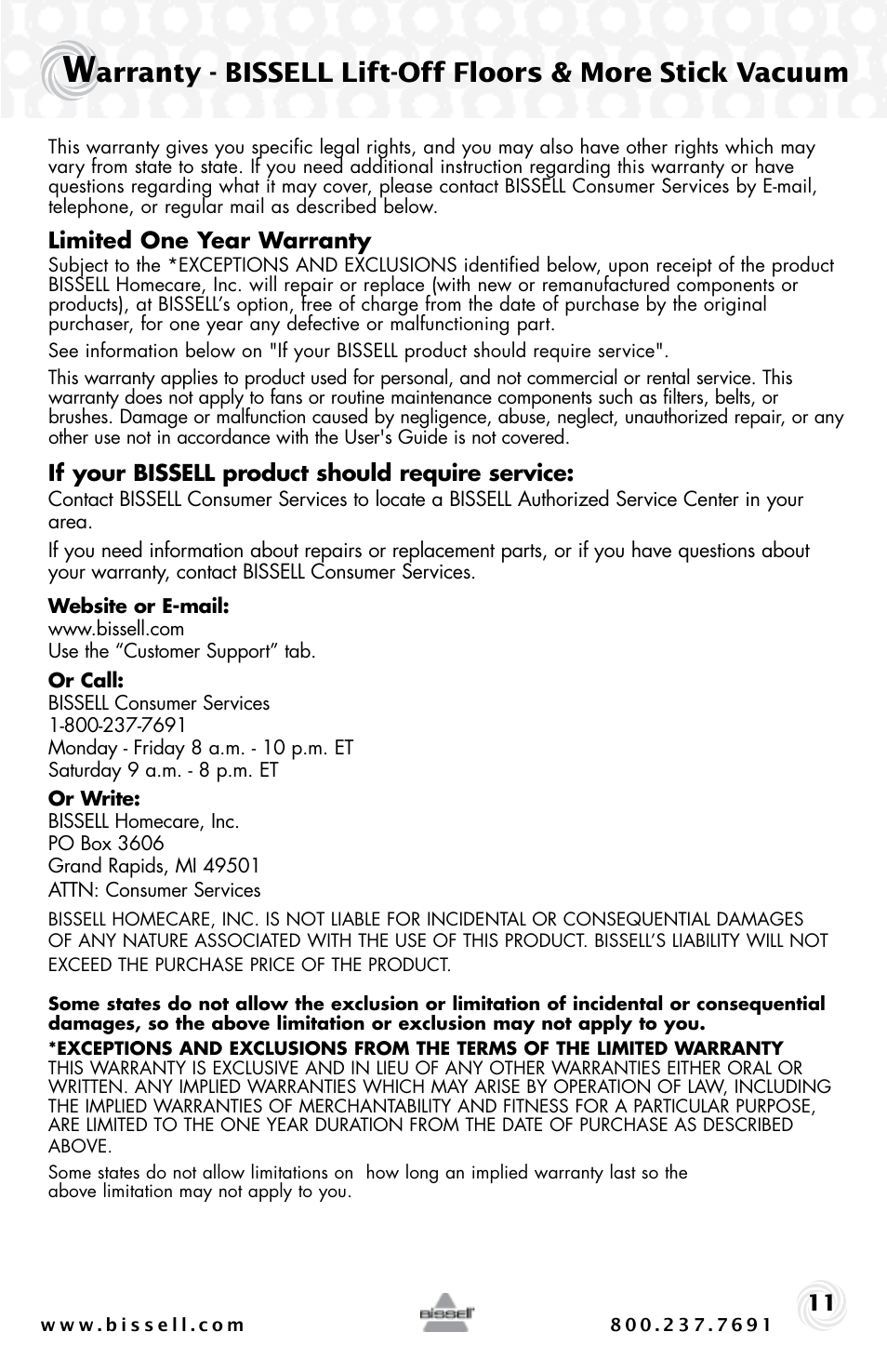 Bissell LIFT-OFF 53Y8 User Manual | Page 11 / 12