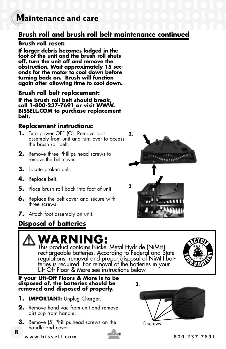 Warning, Aintenance and care | Bissell LIFT-OFF 53Y8 User Manual | Page 8 / 12