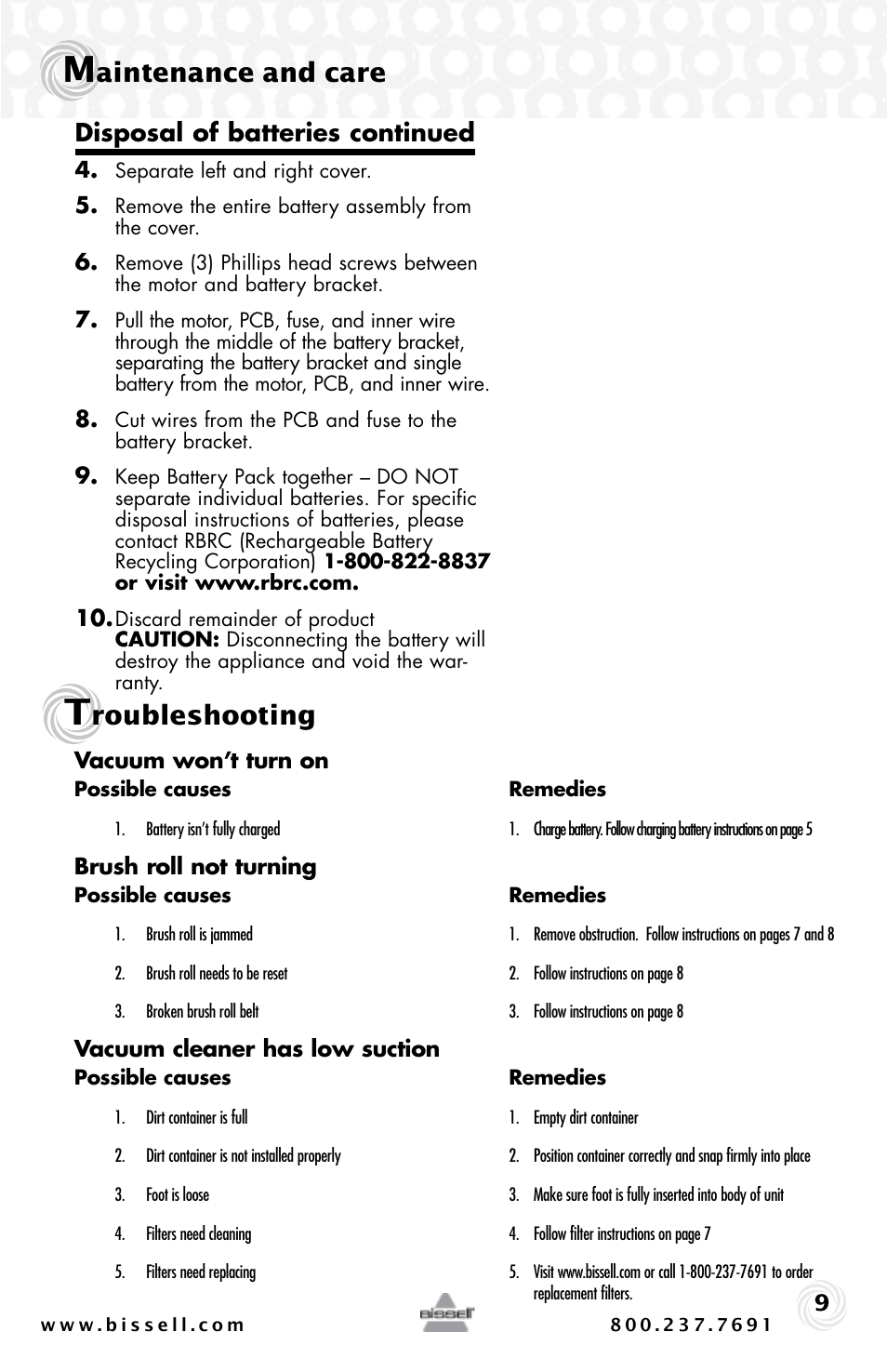 Aintenance and care, Roubleshooting, Disposal of batteries continued | Bissell LIFT-OFF 53Y8 User Manual | Page 9 / 12