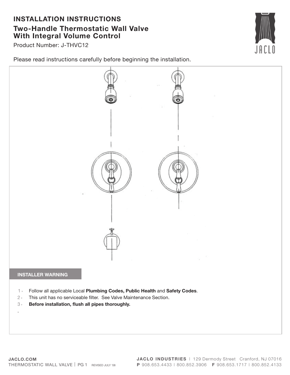 Jaclo ½" thermostatic valve - J-THVC12 User Manual | 10 pages