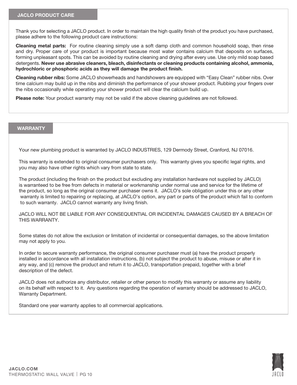 Jaclo ½" thermostatic valve - J-THVC12 User Manual | Page 10 / 10