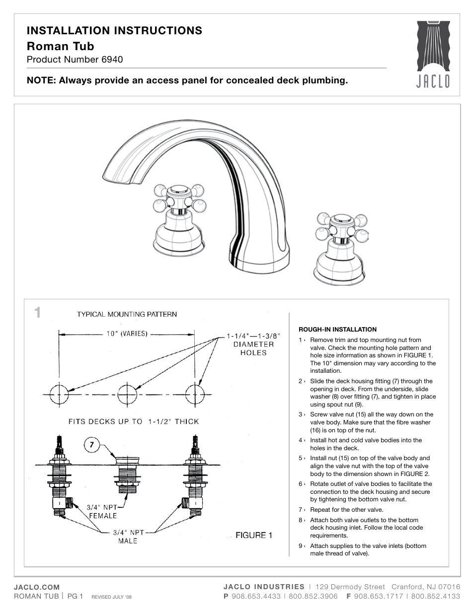 Jaclo Roman tub kit - 6940-T672-428- User Manual | 3 pages