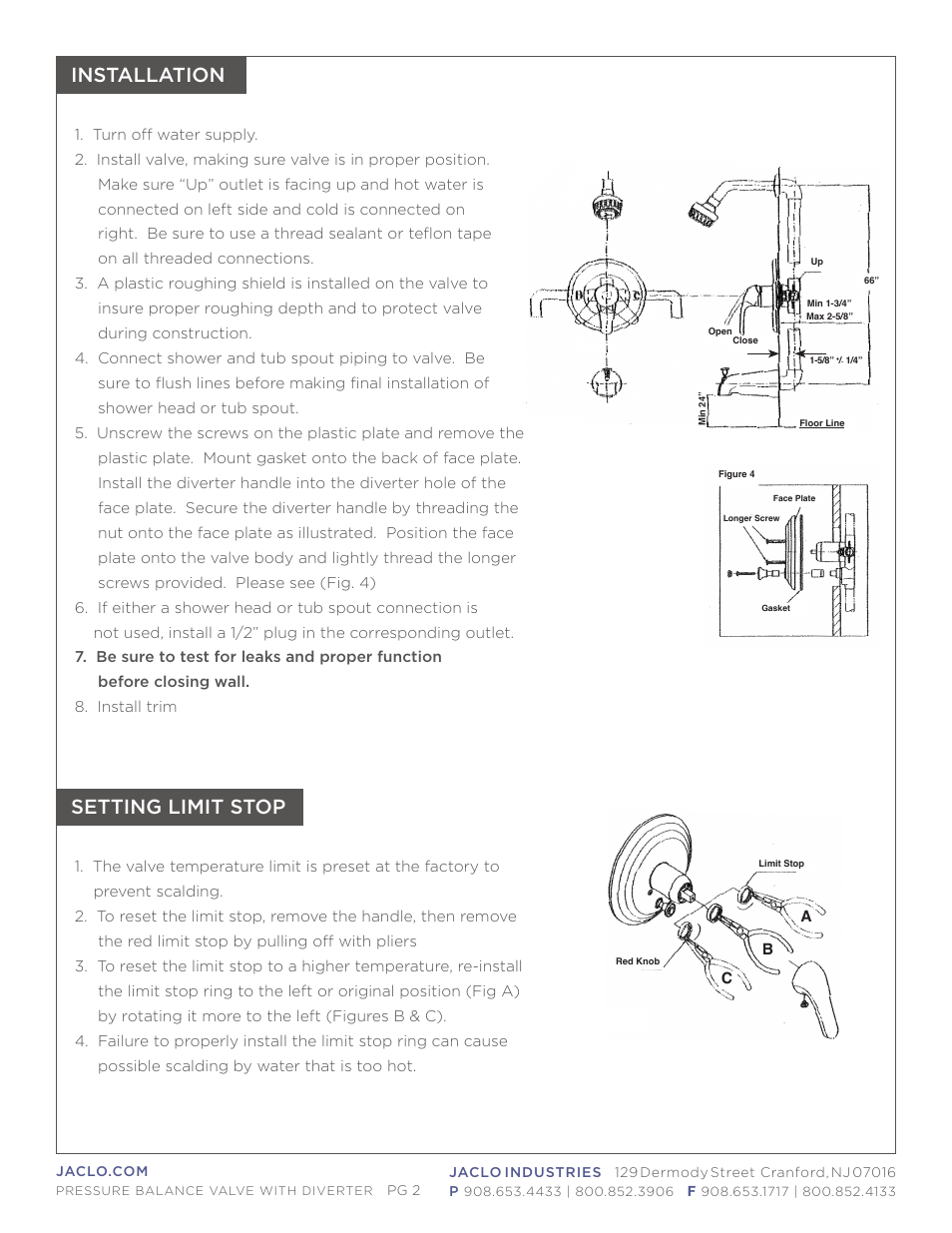 Installation setting limit stop | Jaclo Pressure balance valve with diverter - J-DIV-PBV User Manual | Page 2 / 4