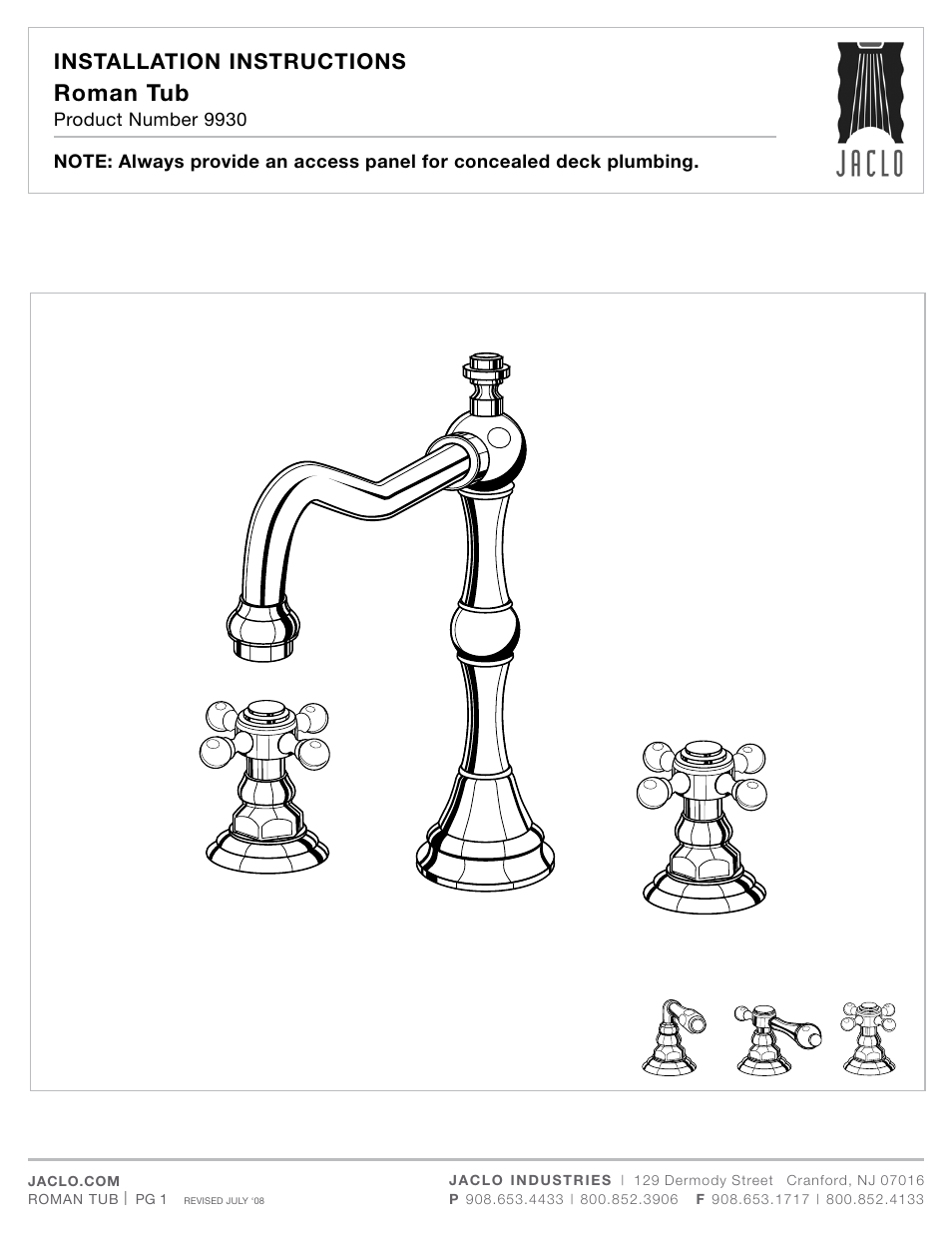 Jaclo Roaring 20's tub filler - 9930-T692- User Manual | 4 pages