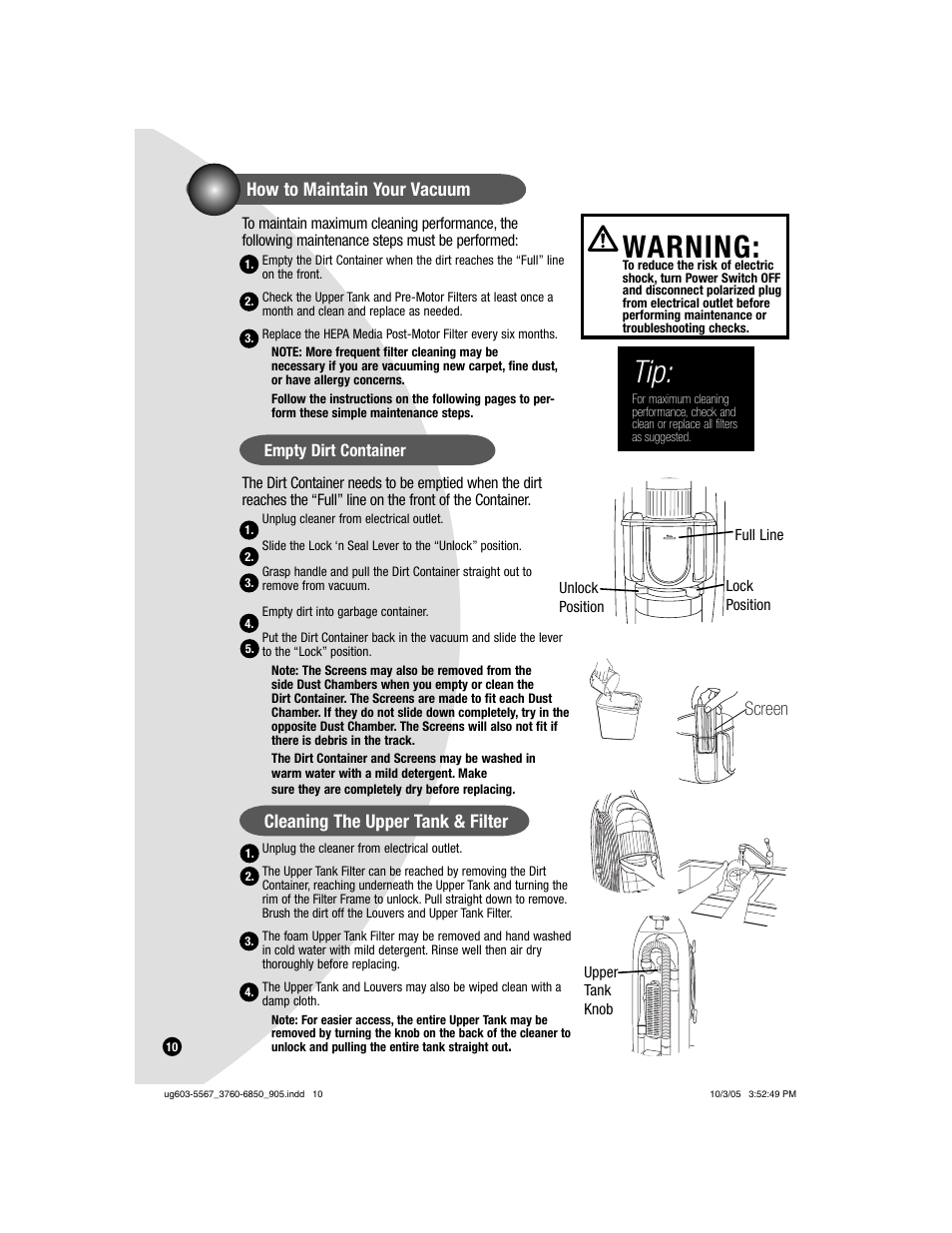 Warning, Cleaning the upper tank & filter, Screen | How to maintain your vacuum | Bissell 6860  EN User Manual | Page 10 / 16