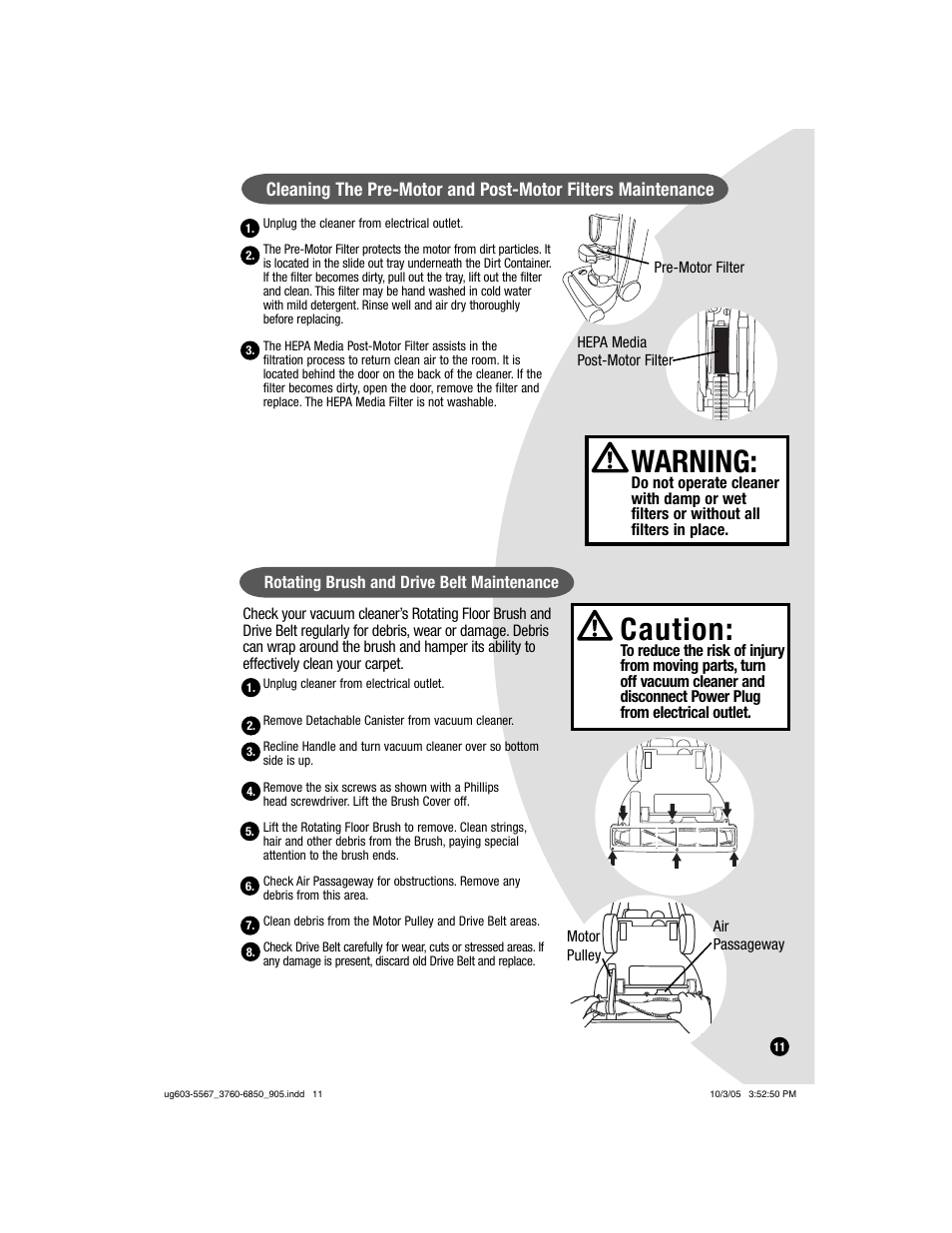 Warning, Caution | Bissell 6860  EN User Manual | Page 11 / 16