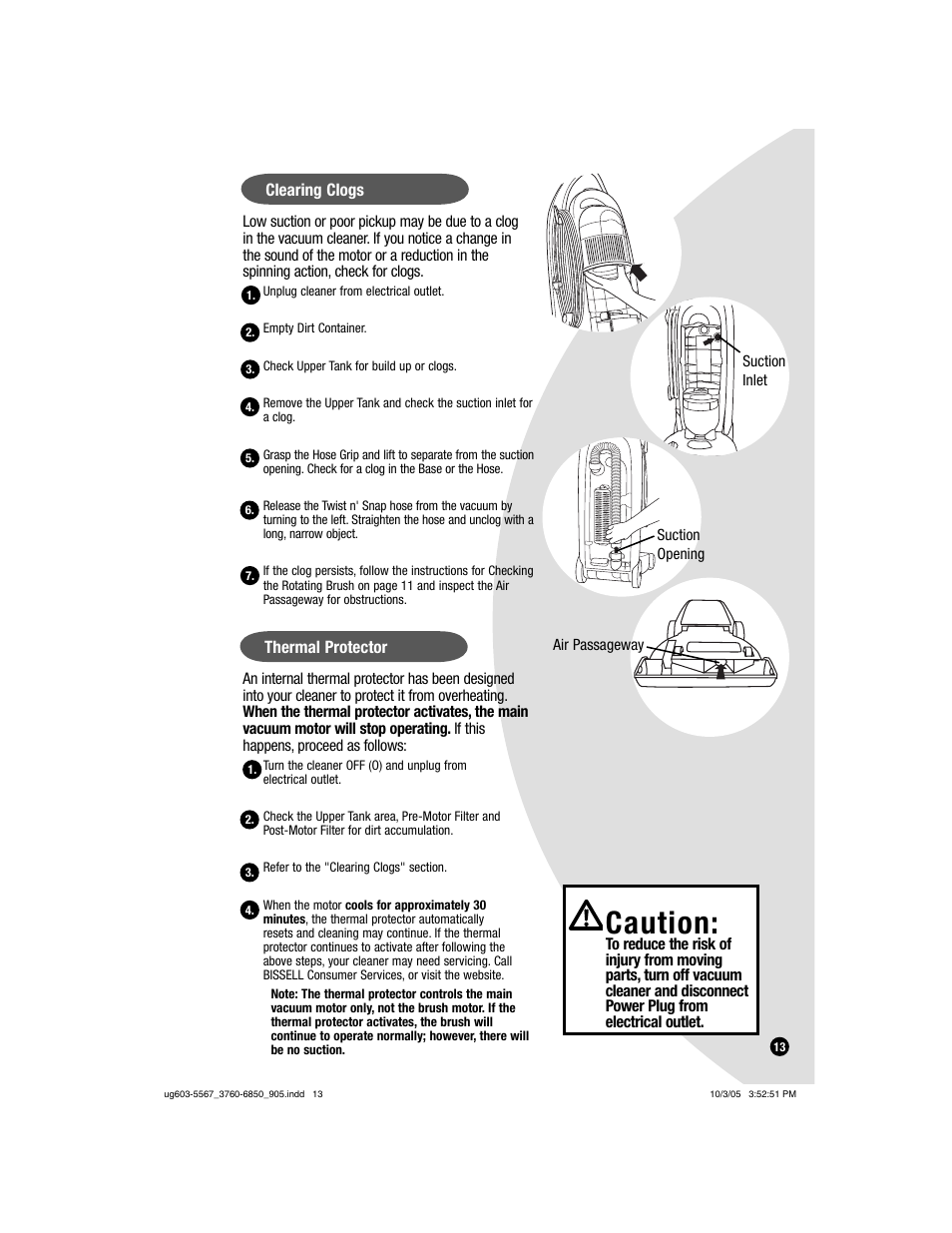 Caution, Clearing clogs, Thermal protector | Bissell 6860  EN User Manual | Page 13 / 16