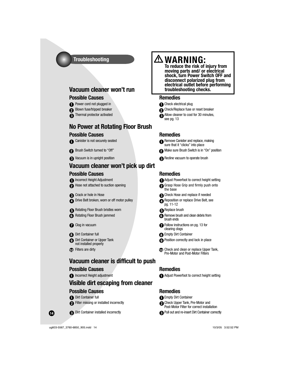 Warning, Vacuum cleaner won’t run, No power at rotating floor brush | Vacuum cleaner won’t pick up dirt, Vacuum cleaner is difficult to push, Visible dirt escaping from cleaner, Possible causes, Remedies, Troubleshooting | Bissell 6860  EN User Manual | Page 14 / 16